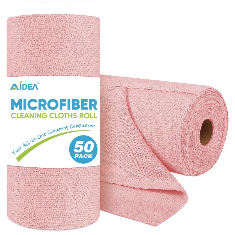 AIDEA Microfiber Cleaning Cloth Roll  50PK  Tear Away Reusable Paper Towels Pink  Commercial Shop Rags  Microfiber Towels for Cars  Lint Free Cleaning Rags for House  Kitchen  Garage Shop  11.5""?11.5"" - Image 1